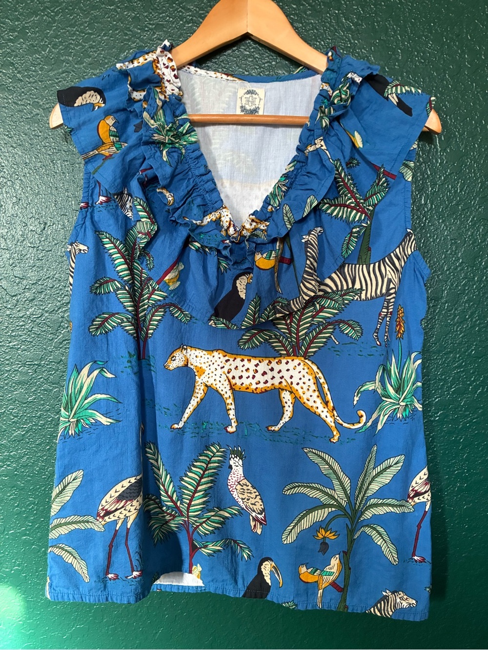 JAMES Ascher Blue Ruffle V-Neck Sleeveless Top - Tropical Print size: medium - Picture 2 of 11